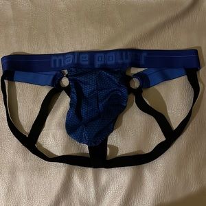 Blue male power jockstrap with rings.